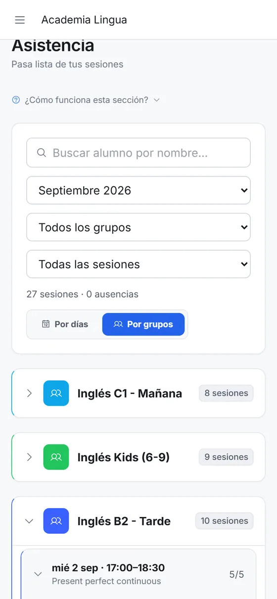 La lista de asistencia de un grupo, en el móvil del profesorado.
