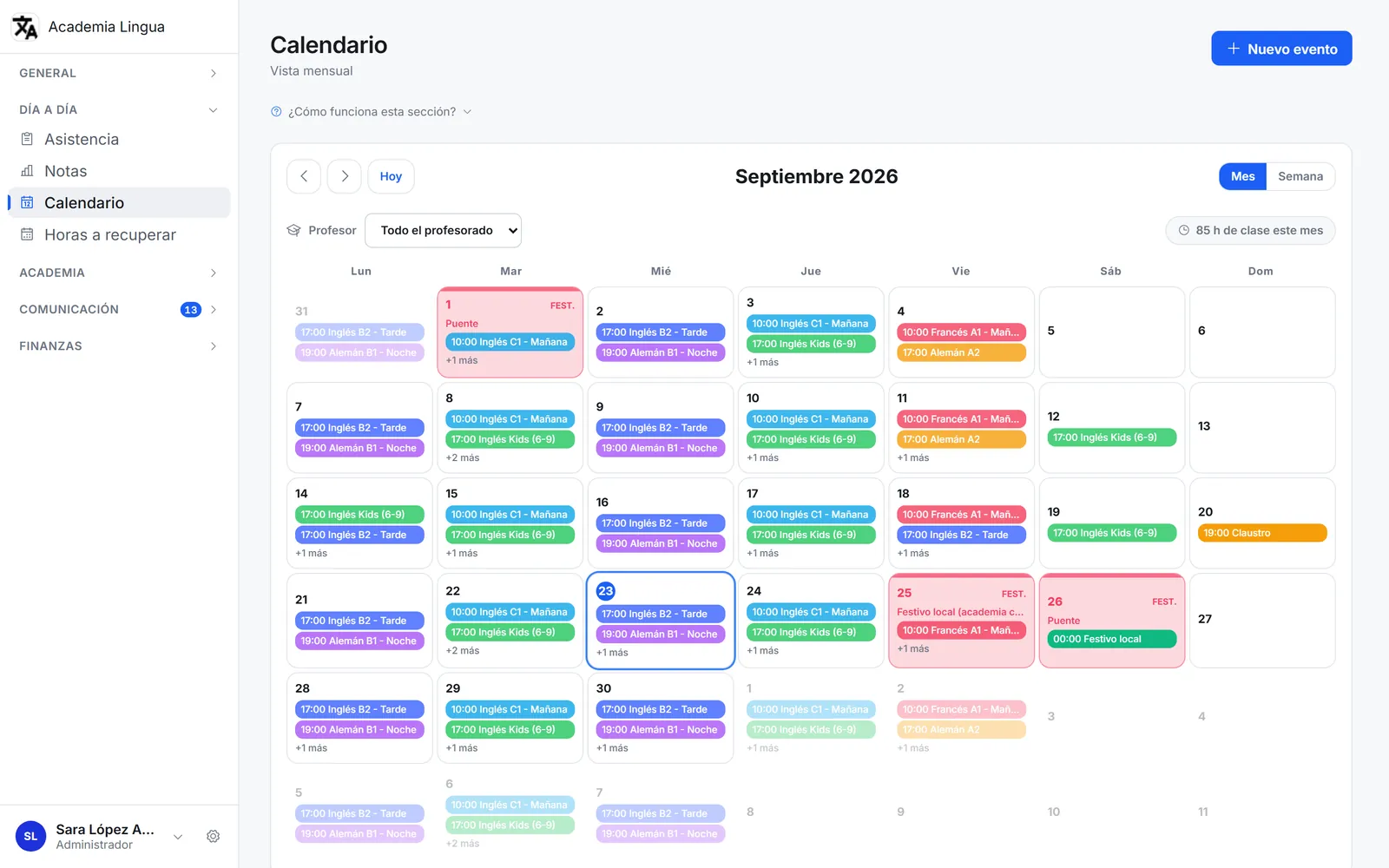 Calendario mensual del centro en el ordenador, con las clases de cada día, los festivos y los eventos.
